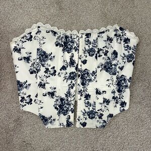 Cotton Candy White Strapless Floral Corset Crop Top with Navy Blue Print